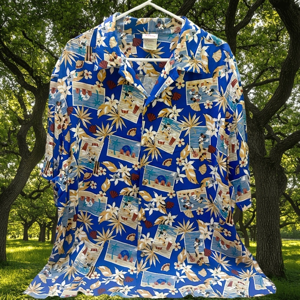 Disney  Mickey Mouse and Friends Blue Shirt with Tropical Print size L